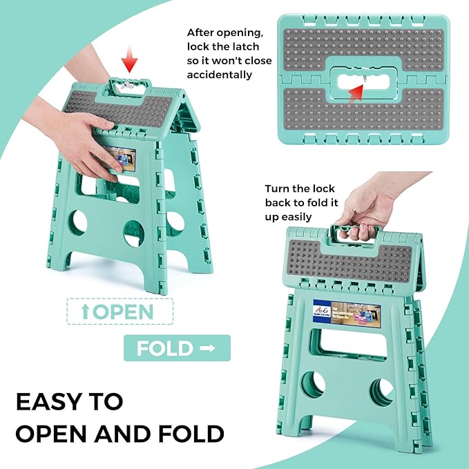 ACKO Folding Step Stool 13 Inch Stool Heavy Duty Plastic Foldable Step Stools for Kids, Stepping Stool with Handle, Folding Stool Suitable for Kitchen Hold Up to 300 LB (Teal 1PC)