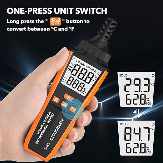 Temperature Humidity Meter, High Precision Digital Hygrometer with Ambient, Dew Point, Wet Bulb Temperature for Indoor Outdoor, Thermometer with Min/Max, Data Hold, LCD Backlight, TH11