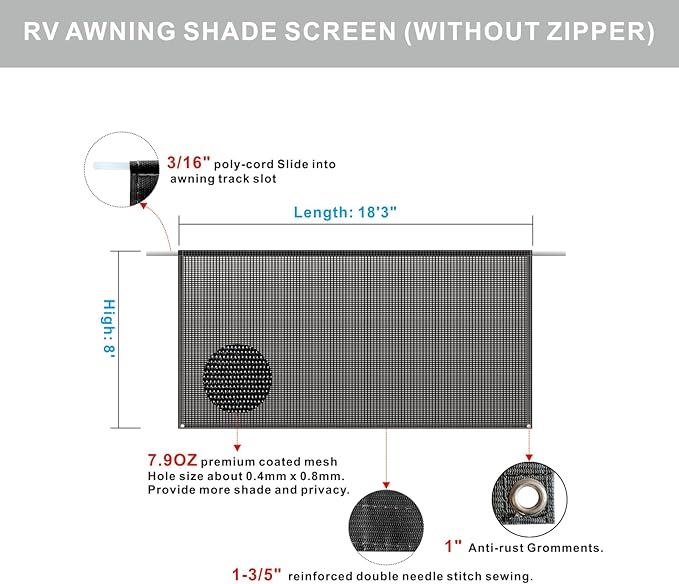 RV Awning Sun Shade Screen 8'x18'3''(Fit for 19' Awning),Black Mesh Shade Screen Without Zipper,Universal Trailer Camper Awning Screen with Complete Kit,Improves Shadow and Privacy