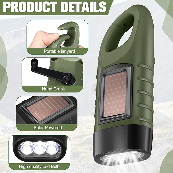 Leelosp 9 Pieces Hand Crank Flashlight Solar Powered Flashlight for Emergencies Dynamo Rechargeable LED Survival Light for Outdoor Sports Hiking Camping(Green,Black)