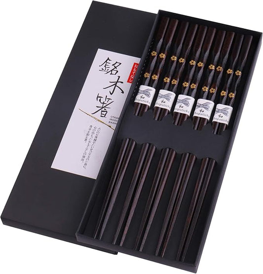 5 Pairs Chopsticks Wooden, Glamfields Reusable Chop sticks, Non-slip Japanese Style gift set