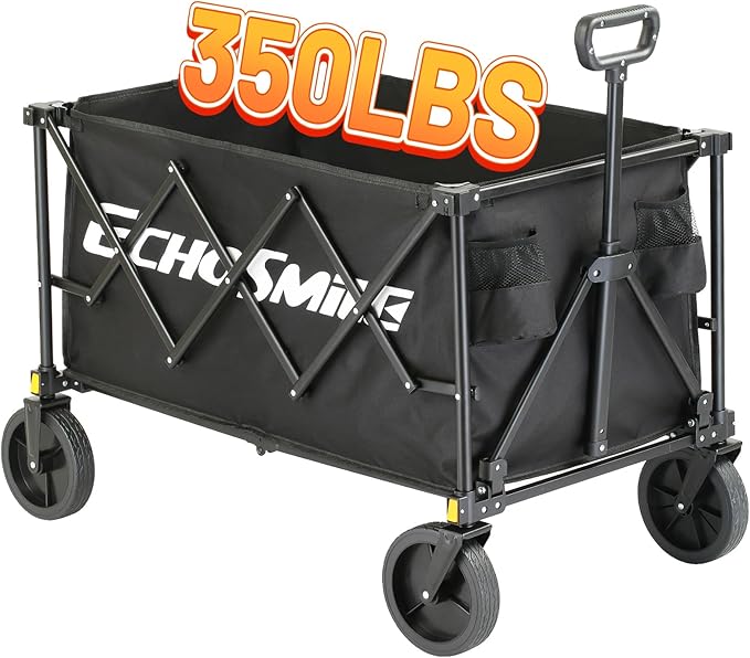 EchoSmile Heavy Duty 350 Lbs Capacity Collapsible Wagon, Outdoor Folding Camping Wagons, Grocery Portable Utility Cart, Adjustable Rolling Carts, All Terrain Sports Wagon with Big Wheels (Dark-Black)