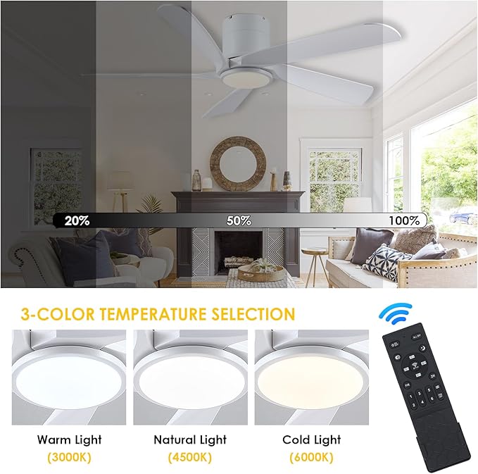 54" Flush Mount Ceiling Fan - White Low Profile Ceiling Fans with Lights and Remote/APP, 6 Speeds and Reversible 5 Fan Blades, Indoor Modern Ceiling Fan LED Light for Bedroom, Living Room