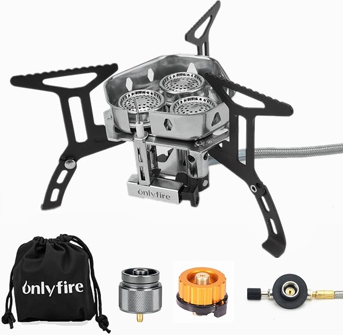 ONLYFIRE 3 Fuel Backpacking Stove with Propane & Butane Adapter, Portable Camping Gas Stove, Mini Camp Stove with Piezo Ignition & Carry Bag for Outdoor Cooking Picnic Camping Hiking GS334