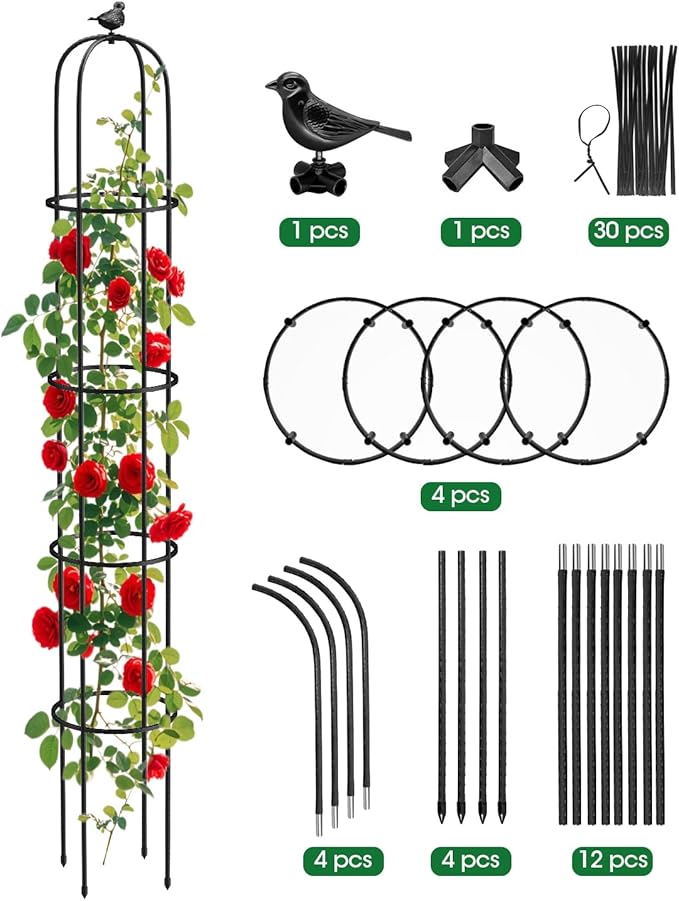 Garden Obelisk Trellis for Climbing Plants Outdoor 6.2 Ft Rose Bush Round Trellis for Pots Rustproof Metal Plant Flower Trellises for Clematis Vine Jasmine Support Outdoor Indoor (Black, 6.2ft)