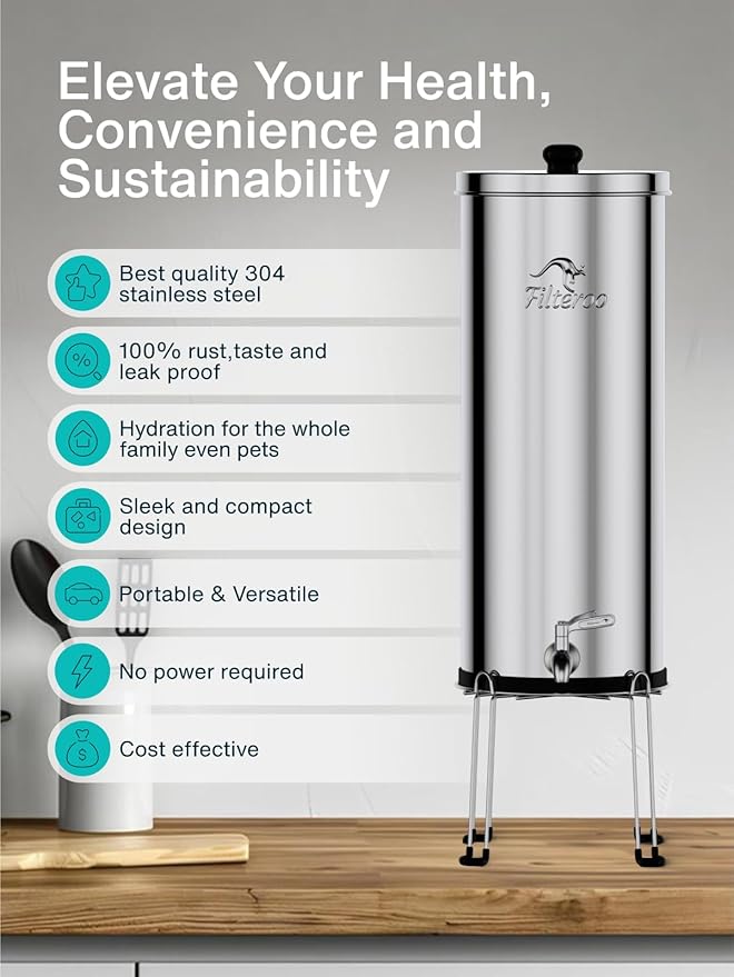 Filteroo® Superoo Countertop Gravity Water Filter System - 3.17 Gal/12L | 304 Stainless Steel | 2 Carbon Filters | NSF/ANSI Tested Gravity-Fed Water Purifier | Remove Bacterias & Heavy Metals