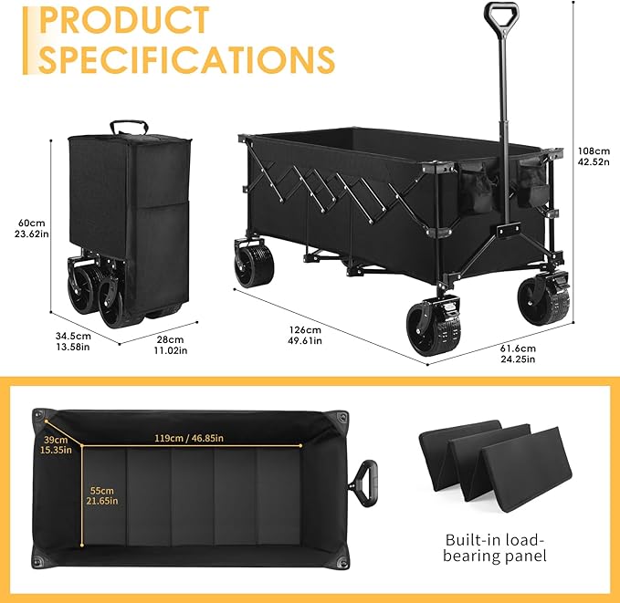 49''L Collapsible Foldable Extended Wagon with 450lbs Weight Capacity, Heavy Duty 300L Folding Utility Garden Cart with Big All-Terrain Beach Wheels & Drink Holders. Black
