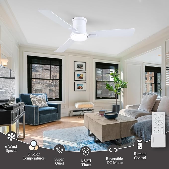 52 Inch Ceiling Fans with Lights,White Modern Flush Mount Ceiling Fans,Low Profile Ceiling Fan for Bedroom,Courtyards,Living Room,3CCT Dimmable,6-Speed Reversible,Noiseless&Quiet Motor,ETL Listed