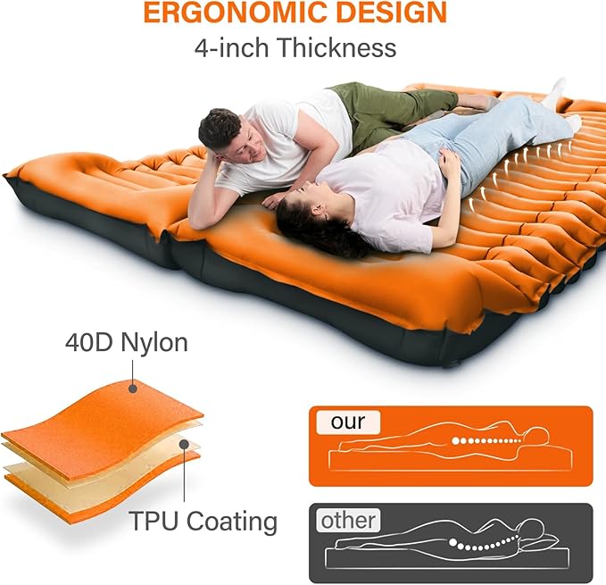 Double Camping Sleeping Pad, Self-Inflating 4" Ultra-Thick Foot-Press Design – Lightweight 2-Person Outdoor Mat with Pillow for Camping, Hiking, Backpacking, Travel – Orange