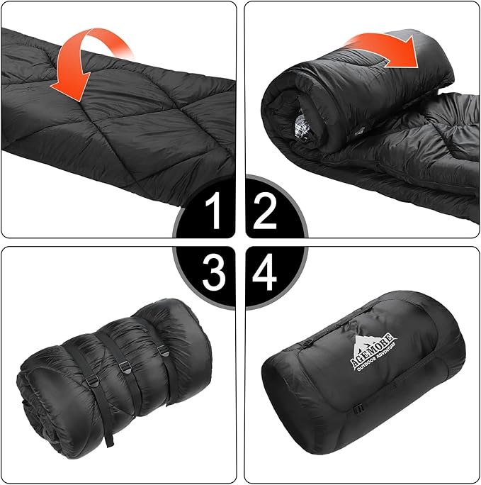 AGEMORE 0 Degree Double Sleeping Bag for Adults, Cotton Flannel Lined 2 Person Queen Size Warm Sleeping Bag for Family Winter Camping or RV Traveling