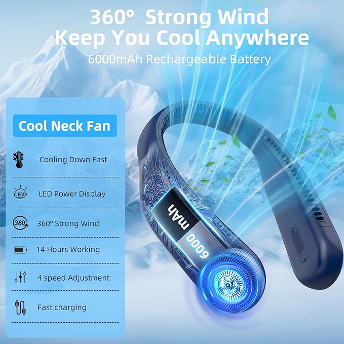 Portable Neck Fan,Gift Ideas,Personal Wearable Bladeless Fan,360° Cooling,LED Display,4-Speeds,6000mAh Rechargeable,Powerful Wind,Outdoor Travel Camping,Birthday Gifts for Men Women Dad Mom (Blue)