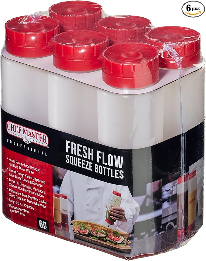 Chef Master Squeeze Bottles for Sauces (6-Pack) - Fill & Flip, Refillable 20 Oz. - Condiment Squeeze Bottles for Liquids, Sauces, Batter & Dressing - Made for Restaurants, Diners & Food Trucks - 90291