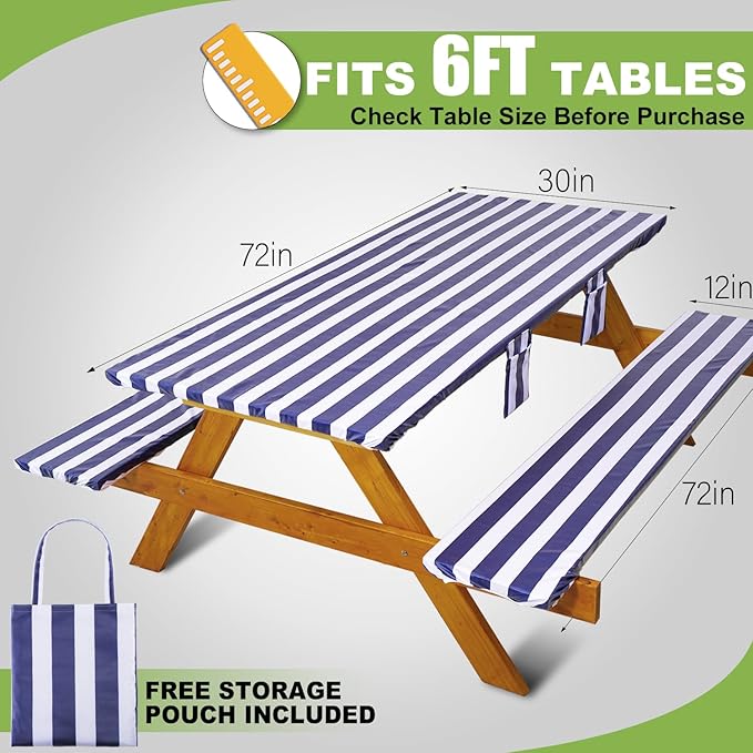 Fitted Picnic Table Cover with Bench Covers Waterproof Elastic Edges Rectangle Patio Tablecloth Outdoor Camping Essentials Stuff Rv Accessories Summer Trip Travel Supplies Party Camper Gifts, 6 ft