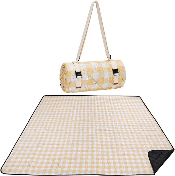 Picnic Blanket, 80''x80'' Waterproof Outdoor Blankets, Picnic Mat Washable for Beach, Picnic Blankets for Camping on Grass with Shoulder Strap - Yellow & White