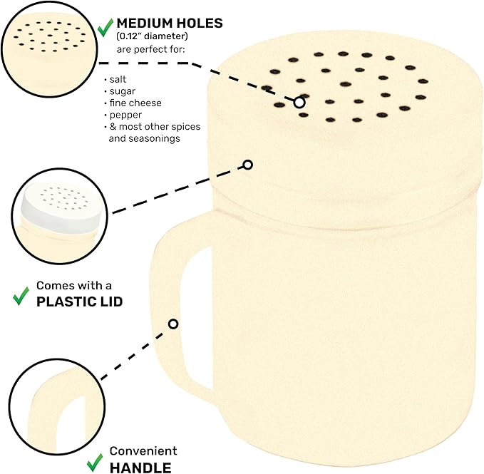 CUSINIUM 6oz Beige Stainless Steel Salt Pepper Dredge Shakers - With Plastic Cap - With Handle - Pack of 2