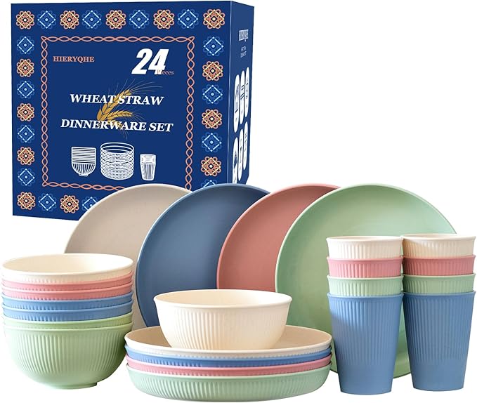 24pcs Wheat Straw Dinnerware Sets For 8, Unbreakable Plates and Bowls Wheat Straw Dinnerware Microwavable Cups Plates and Bowls Sets Shatterproof For Outdoor Kitchen Camping