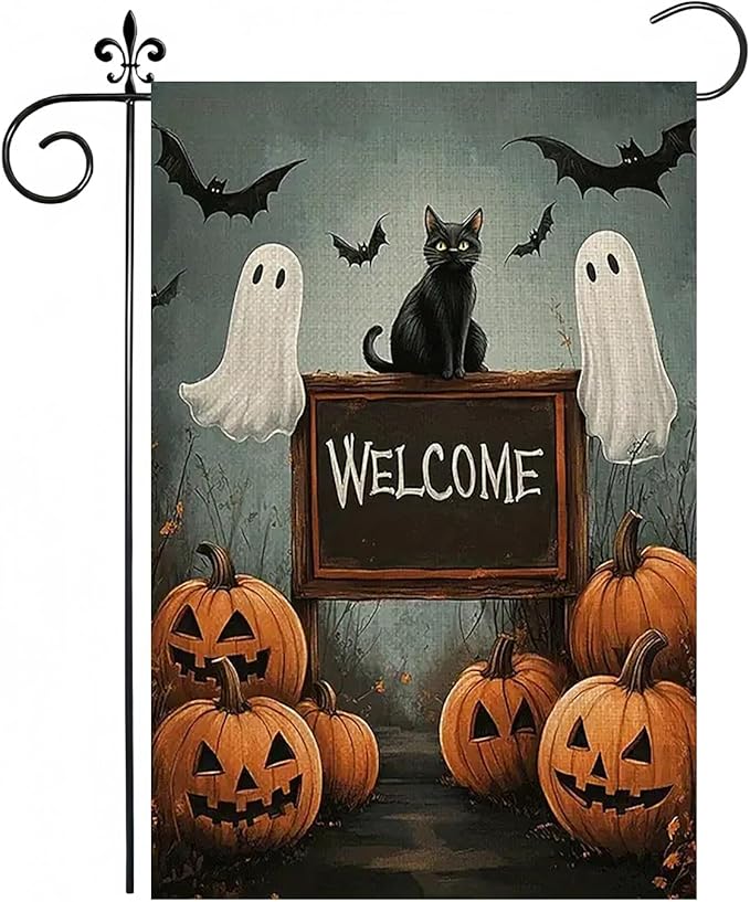 Halloween Garden Flag for Outside 12x18 Inch Double Sided, Pumpkin Ghost Cat Small Yard Flags for Outside, Outdoor Welcome Flag Front Porch Decorations for Home