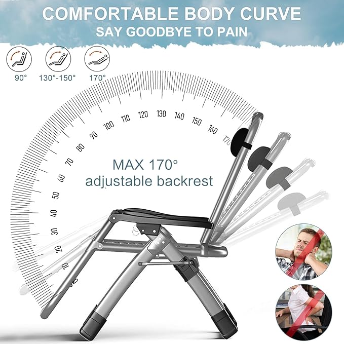 ABORON Upgrade Zero Gravity Chair/Armrest Mat,Premium Outdoor Lawn Folding Lounge Chairs,Sturdy Adjustable Reclining Patio Chairs with Removable Seating Cushion,Headrest & Tray