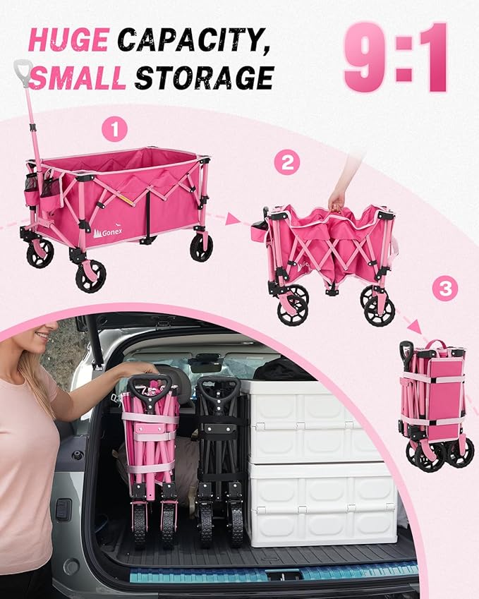 Gonex 38''L Extra Long Collapsible Foldable Wagon Cart with 360lbs Weight Capacity, 220L Folding Utility Garden Cart with Detachable Wheels for Grocery Sports Shopping Camping - Pink