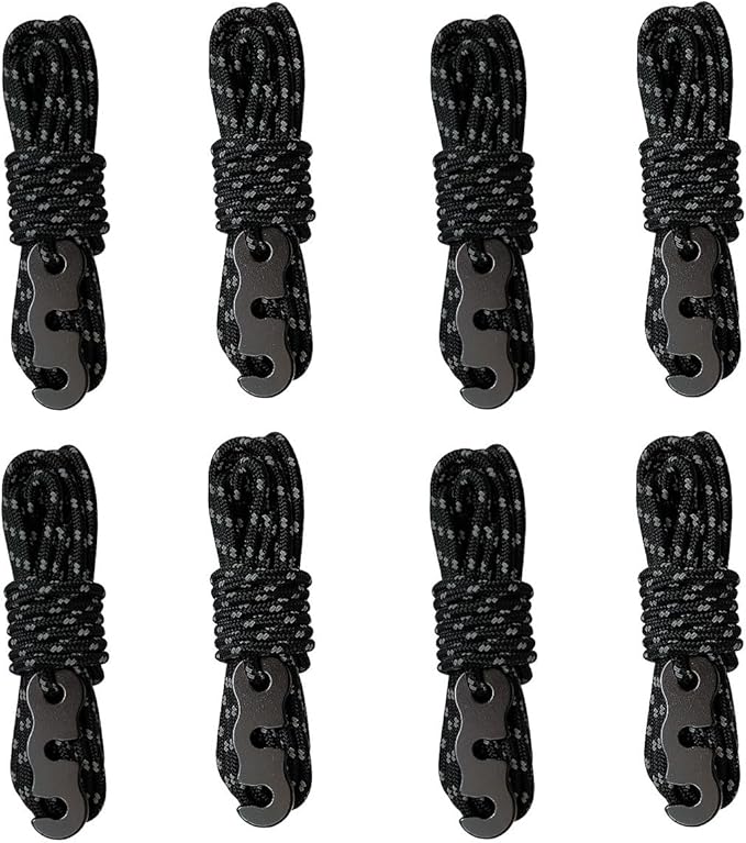 Tent Wind Ropes with Tensioners Cord Adjuster, 8pcs 13ft Reflective Rope for Camping, Hiking, Canopy Shelter, Outdoor Activity(Black)