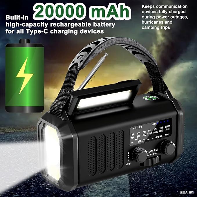 Emergency Radio NOAA Weather Radio Hand Crank & Solar Charging 20000mAh/74000mWh with AM FM Rechargeable Battery Built-in Flashlight Reading Light & SOS AM/FM & Portable for Camping & Emergencies
