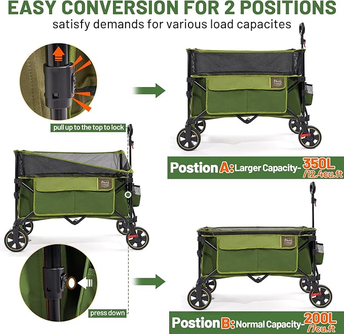 TIMBER RIDGE 350L Extra Large Collapsible Folding Wagon Carts with Brake, Heavy Duty Outdoor Camping Utility Wagons with Extended Height, Adjustable Handle, Cup Holders, Side Bag(Green)