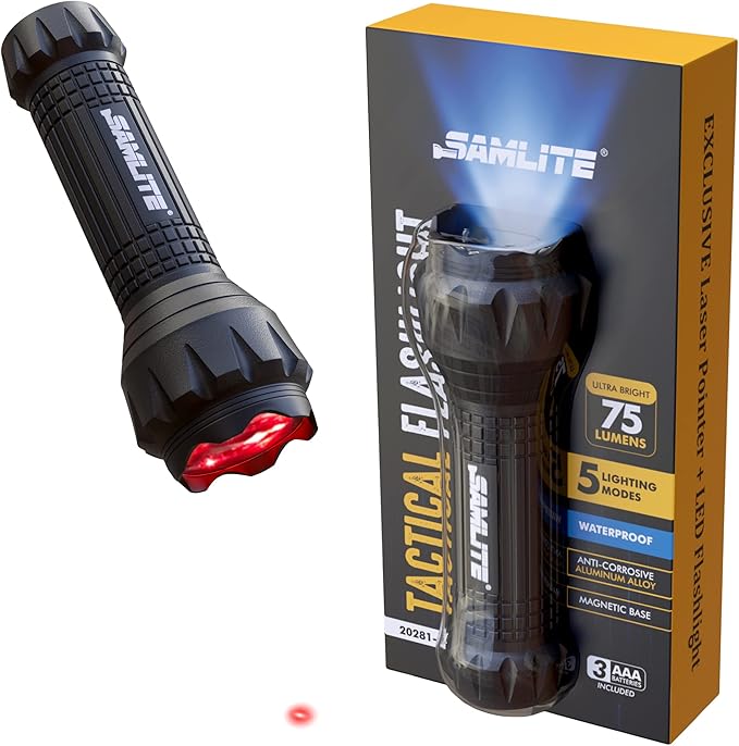 SAMLITE- LED Tactical Flashlight with 5 Options, Bright LED Light, Laser Pointer, UV Blacklight, Green Light and Magnetic Bottom - Water Resistant - (3 AAA Batteries Included)