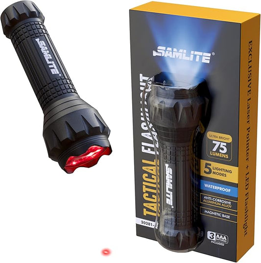SAMLITE- LED Tactical Flashlight with 5 Options, Bright LED Light, Laser Pointer, UV Blacklight, Green Light and Magnetic Bottom - Water Resistant - (3 AAA Batteries Included)