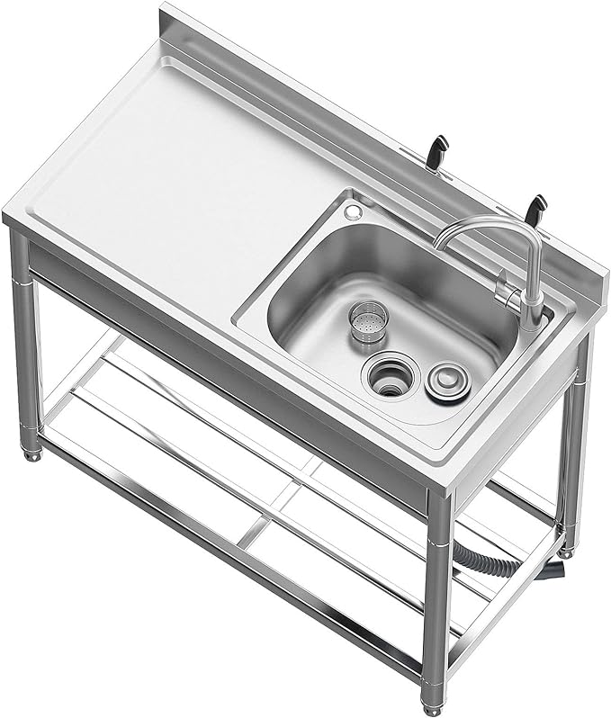Free Standing Stainless-Steel Single Bowl Commercial Restaurant Kitchen Sink Set w/Faucet & Drainboard, Prep & Utility Washing Hand Basin w/Workbench & Storage Shelves Indoor Outdoor (39 in)