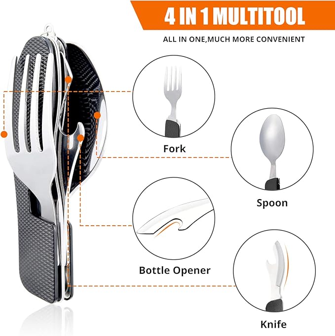 Camping Utensil HIKENTURE 4-In-1 Stainless Steel Fork Knife Spoon Bottle Opener Set with Storage Case (Black)