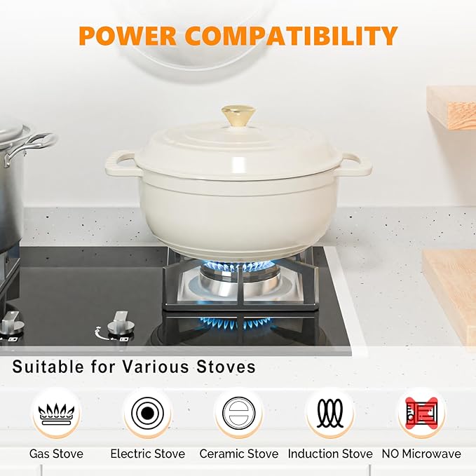 BONNLO 6QT Round Dutch Oven, Enameled Cast Iron Dutch Oven Pot with Lid & Dual Handles, Oven Safe Up to 500° F, for Sourdough, Bread Baking, Stews and Roasting (Cream)