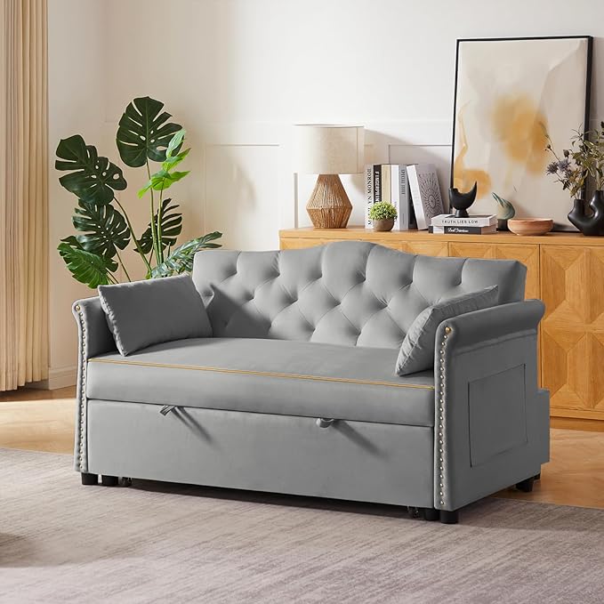 58" Velvet Sofa Bed, 3-in-1 Convertible Pull-Out Sleeper Sofa & Couch with Storage Bag and Adjustable Backrest,Perfect for Small Spaces, Living Room, or Office