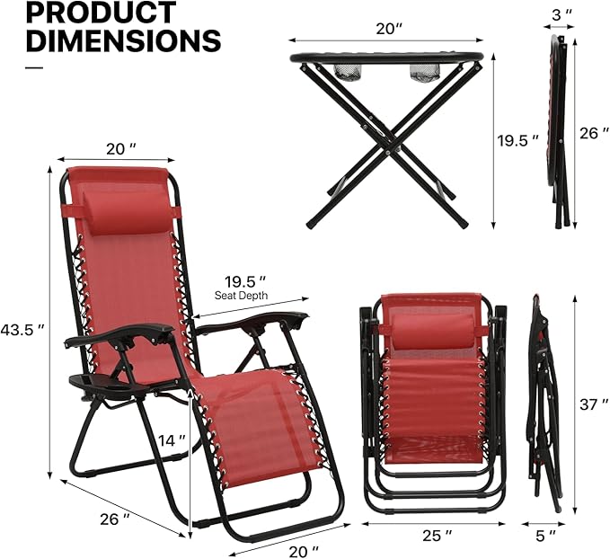 MoNiBloom 3PCS Leisure Chairs Table Set Outdoor Furniture Zero Gravity Chairs Recliner Adjustable Folding Lounger for Pool Patio Camping Yard Beach Vacation, 330lbs Capacity, Maroon