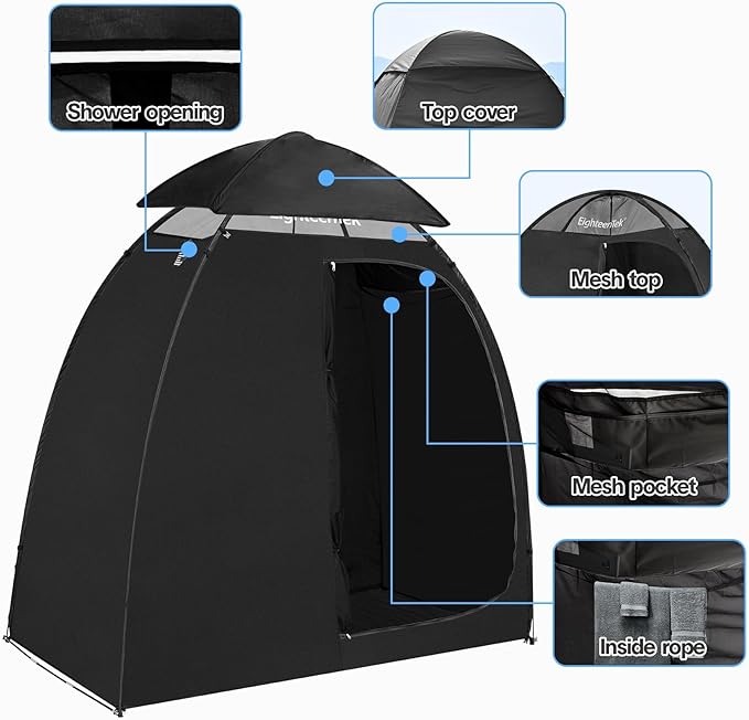 EighteenTek Shower Tent Camping, 2-Room Portable Changing Room, Outdoor Shower Enclosure, Pop Up Privacy Tent Shelter with Floor & Doors, Waterproof & Lightweight, Camping Toilet Bathroom
