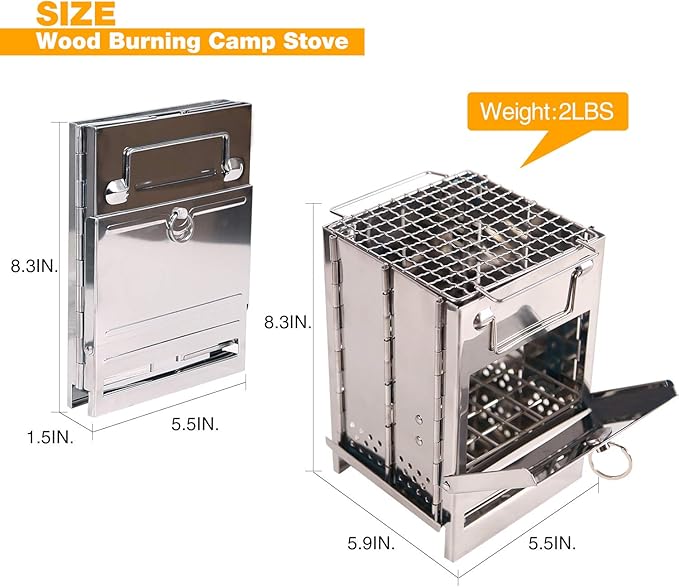 Portable Folding Camping Wood Stove for Outdoor Cooking, Sturdy Lightweight 304 Stainless Steel Wood Burning Camp Stove with Grill for Backpacking BBQ Small/Large (Small)