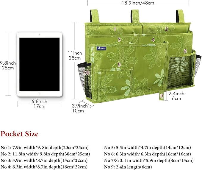 Surblue Caddy Hanging Organizer Bedside Storage Bag for Bunk and Hospital Beds, Flower, L