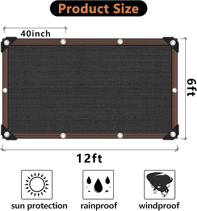 90% Black Shade Cloth, Resistant Mesh Tarp with Grommets, Garden Sun Protection Netting Cover with Taped Edge for Plant Greenhouse Patio Tomatoes Chicken Coop Barn Kennel, 6x12FT