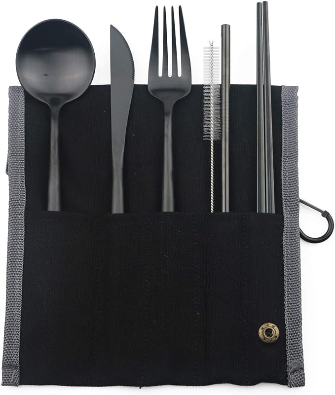 Portable 6 Pieces Flatware Set, 304 Stainless Steel Knife, Fork, Spoon, Chopsticks, Metal Straw, Cleaning Brush, Durable Travel Cutlery Set, Black Pouch Bag, Black