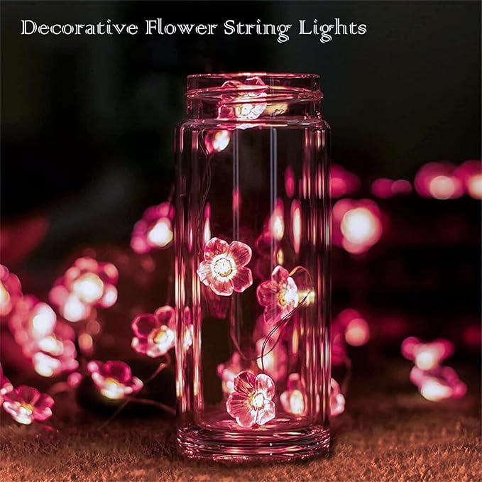 Pink Fairy Cherry Blossom Flower String Lights for Bedroom, USB Plug in and Battery Operated 13ft 40 LED Cute Indoor Outdoor Hanging Decorations for Birthday Wedding Party Christmas Easter