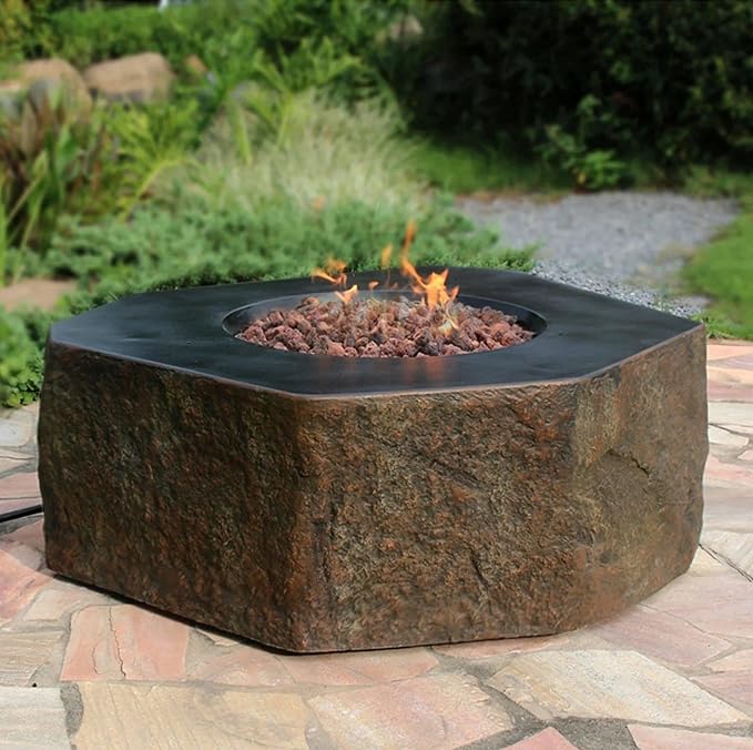 Elementi | Columbia Gas Fire Pit Cast Concrete Semi-Round Fire Table, Outdoor Fire Pit Electronic Ignition | Canvas Cover, Lava Rock Included | Propane Gas