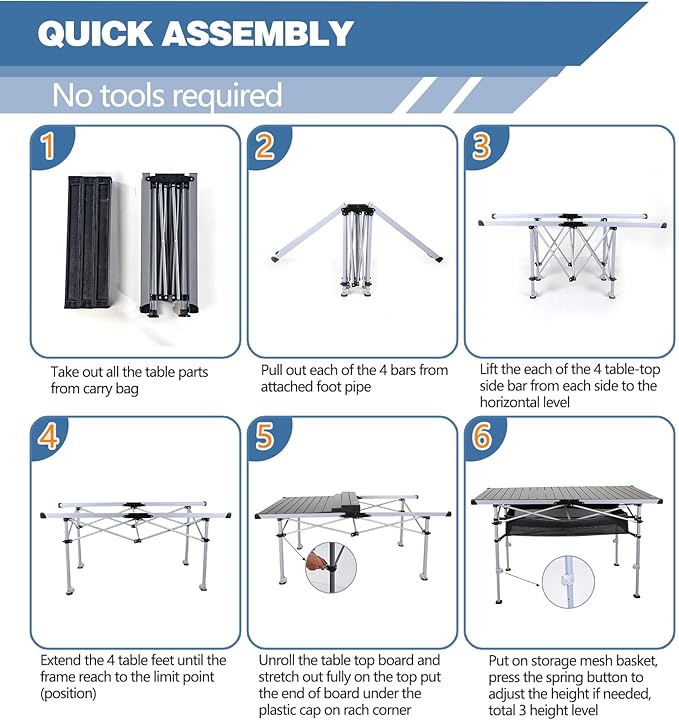 Ablazer Camping Table with Carry Bag, Adjustable Height Portable Table for Outdoor, Camping, Picnic, Beach, Aluminum Picnic Roll-up Table for 4-6 Person