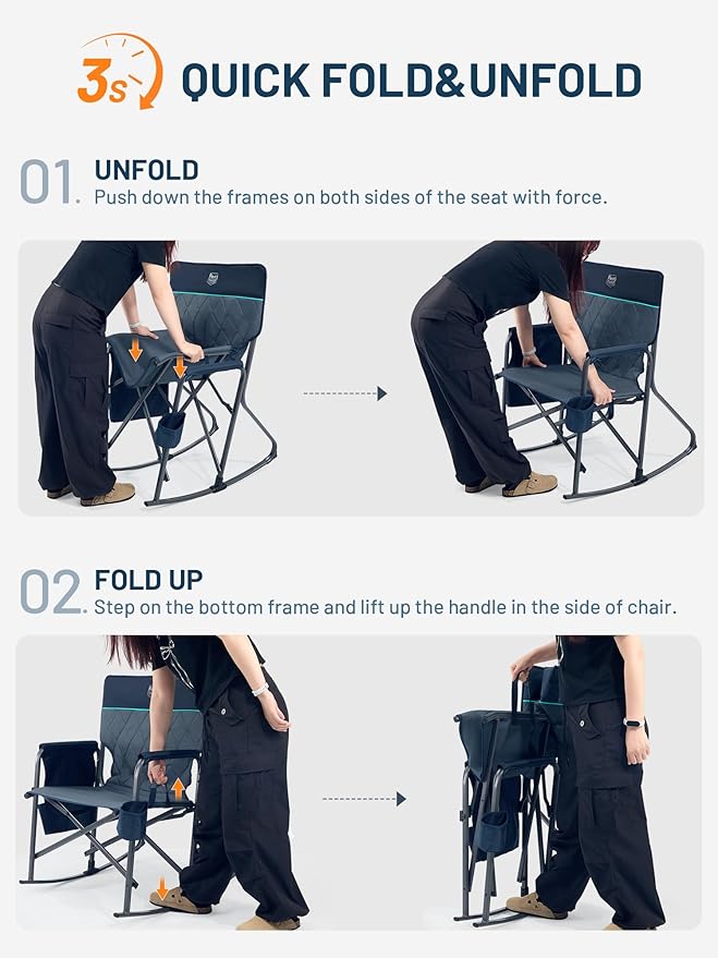 TIMBER RIDGE Folding Rocking Camping Chair, 400lbs Capacity Portable Oversized Outdoor Rocker with Hard Armrests, Cup Holder & Side Pocket, Quick-Fold Design for Outdoor, Patio, Lawn, Blue