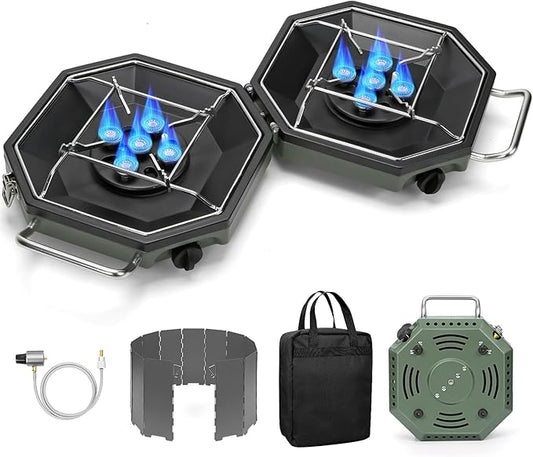 Camping Stove Propane Two Burner, 34000BTU Foldable Camp Stove Gas Propane Burners for Outdoor Cooking, Portable Stoves Gas Burners with Windsheild, Carrying Bag, Grates, Regulator