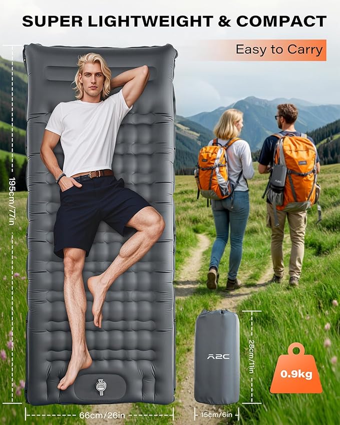 A2C Camping Sleeping Pad, Ultralight Inflatable Sleeping Pads with Built-in Foot Pump & Pillow, Compact Camping Mattress for Backpacking, Hiking, and Traveling