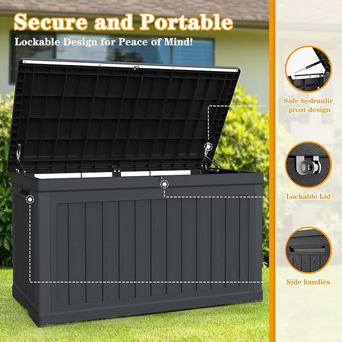230 Gallon Lockable Resin Deck Box, Waterproof & UV-Resistant Outdoor Storage Box for Outdoor Cushion Storage, Garden Tools & Pool Accessories Storage, Black