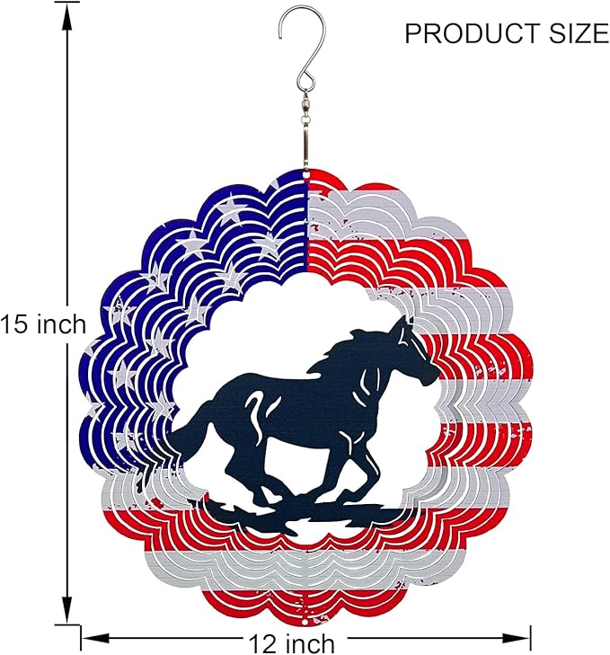 3D Patriotic Horse Wind Spinner Decor - 12 Inch Metal Garden Art, Rust-Proof Outdoor Hanging Decorations, Patriotic American Flag Design, for Horse Lovers(Horse)