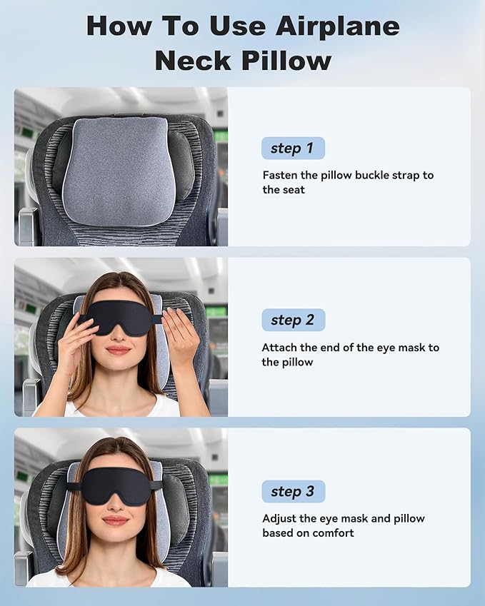 JefDiee Travel Pillows for Airplanes,Travel Pillow with Eye Mask,Prevents Head Forward,Neck Pillow Airplane for Sleeping,Used for Long Flight,Road Trip,Car Headrest