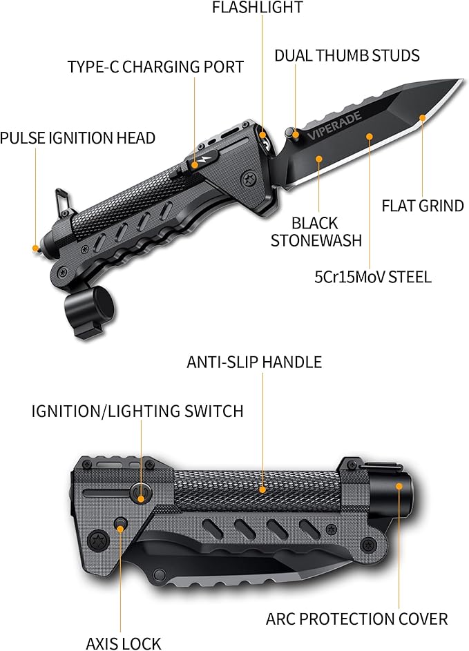 VIPERADE VAK6 Survival Multitool with Folding Knife, LED Flashlight, Pulse Ignition and Hand Crank Generator, Camping Multitool Knife Rechargeable Flashlight with Belt Sheath (Green)
