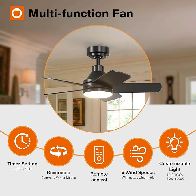 addlon Ceiling Fans with Lights, 32 inch Black Ceiling Fan with Light and Remote Control, Reversible, 3CCT, Dimmable, Noiseless, Small Ceiling Fan for Bedroom, Farmhouse, Indoor/Outdoor Use
