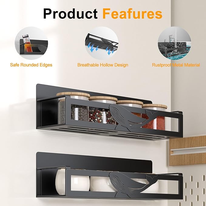 Magnetic Spice Rack for Refrigerator, 4-Pack Metal Seasoning Organizer for Kitchen Storage Organization, Magnetic Shelf for Fridge Space Saving Spice Organizer, Black